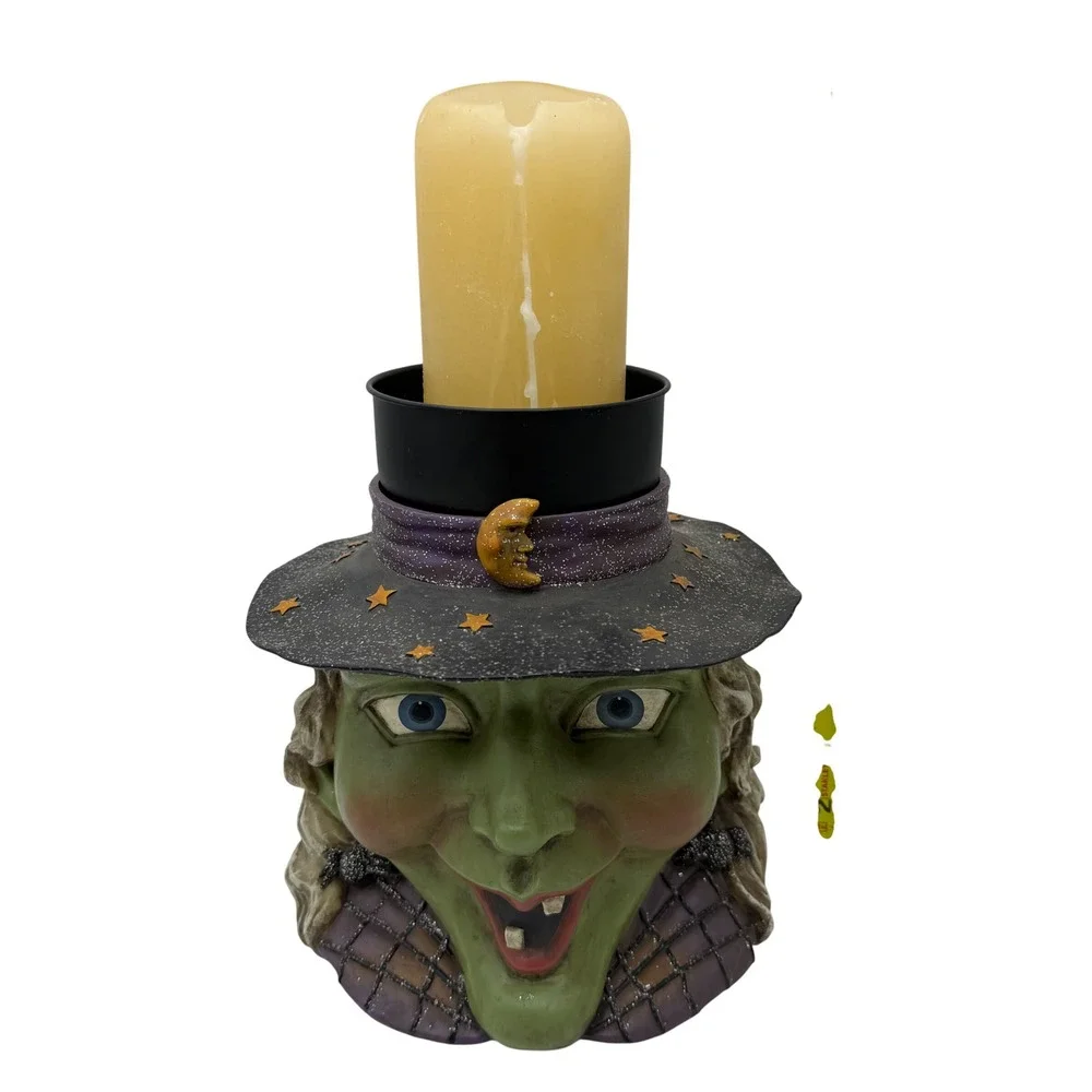 Vtg Lg Kirkland Halloween‎ Grinning Witch Head Pillar Candleholder Costco READ